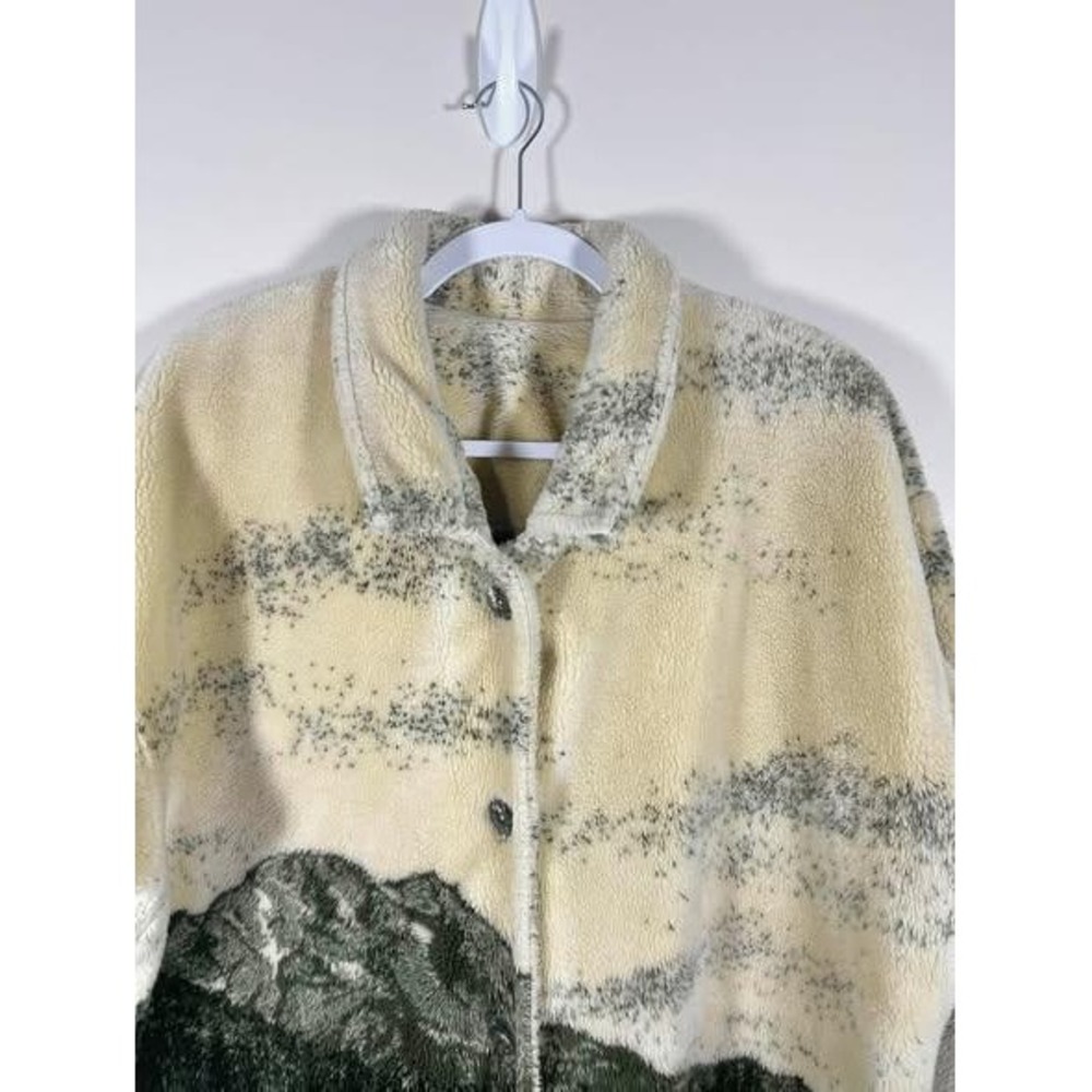 VTG Laura M Scenic Mountains Fishing Fleece Jacket Wms Medium Cream Green 90s - Picture 2 of 10